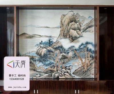 手繪山水電視背景墻,電視背景手繪墻案例