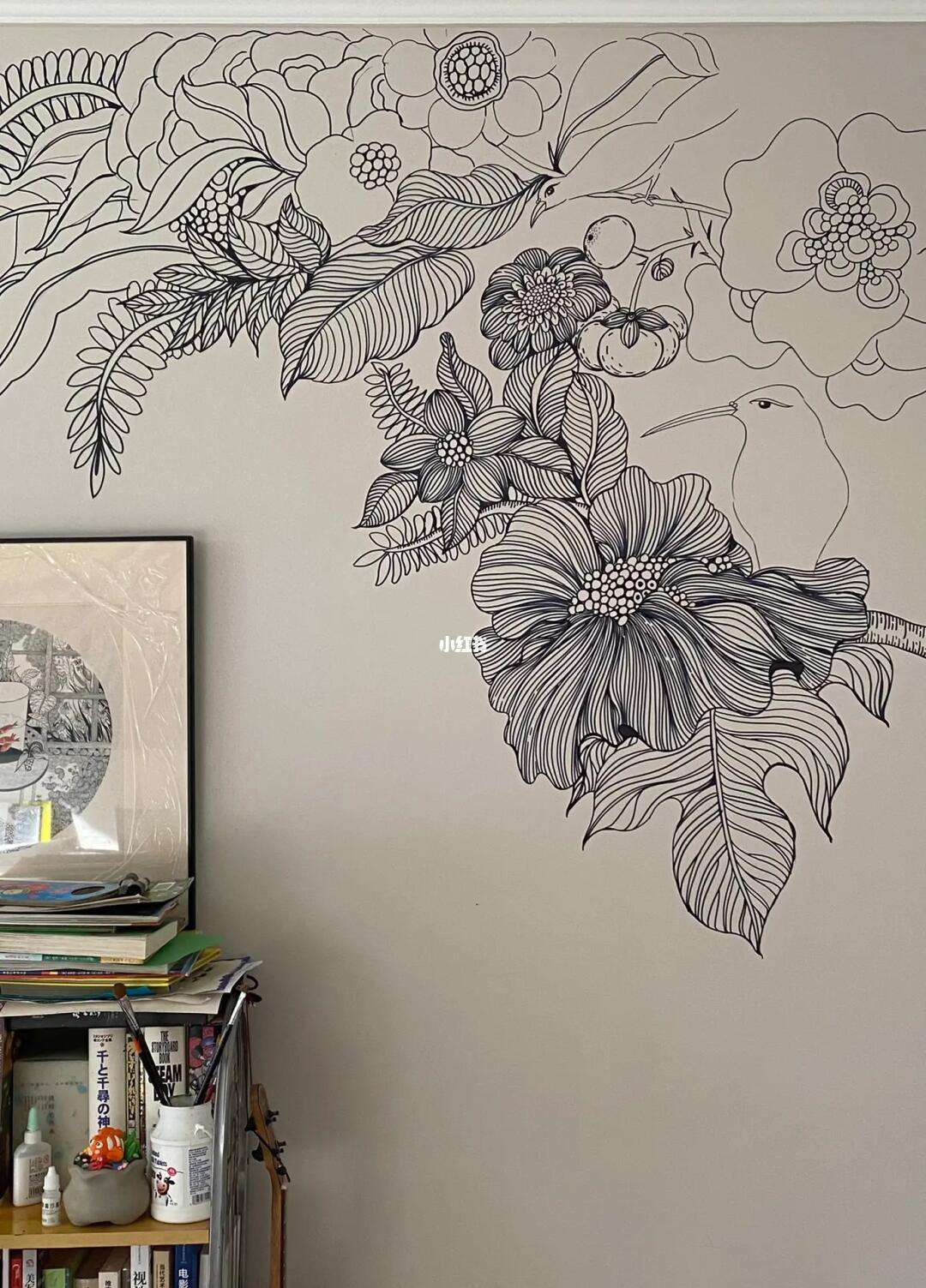畫墻. 花卉線描 植物花卉畫墻裝飾畫 手繪墻
